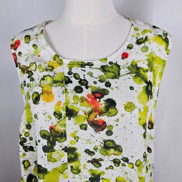 Grizas Green Splash Linen Sleeveless Dress XL Asymmetrical Hem Midi Lagenlook - Picture 2 of 9